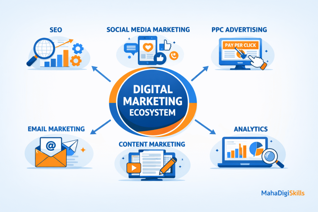 Modern digital marketing blog banner showing the headline “Skills You Need to Start Digital Marketing in 2026” with icons representing SEO, social media marketing, email marketing, PPC ads, analytics dashboard, content creation tools, laptop and smartphone illustration in blue and orange theme.