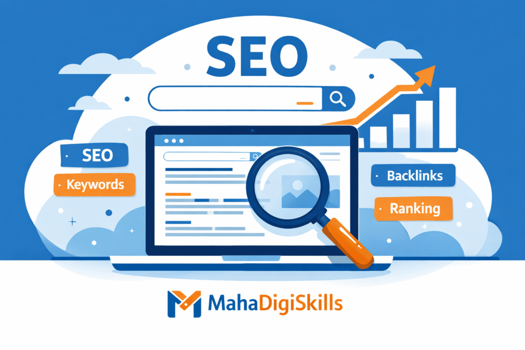 SEO illustration showing search bar, keyword tags, ranking growth graph and website optimization concept.