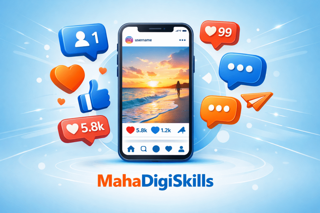 Social media marketing concept showing smartphone with engagement notifications and social media icons.