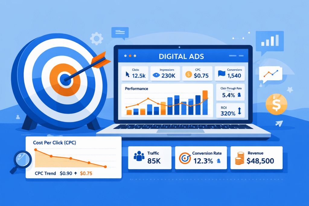 PPC advertising concept showing target board, ad dashboard and cost per click analytics.