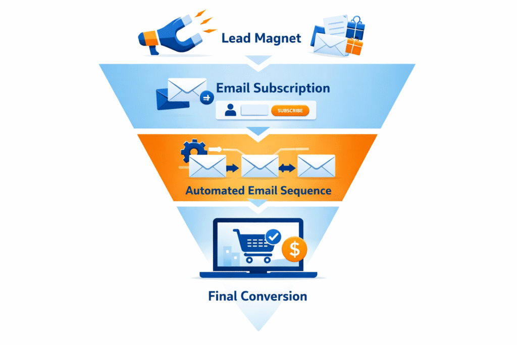 Email marketing funnel diagram showing lead magnet, email sequence and customer conversion process.
