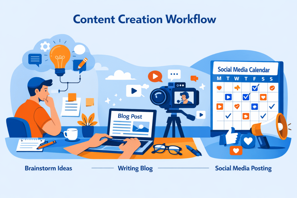 Content creation workflow illustration showing blog writing, video recording and content calendar planning.