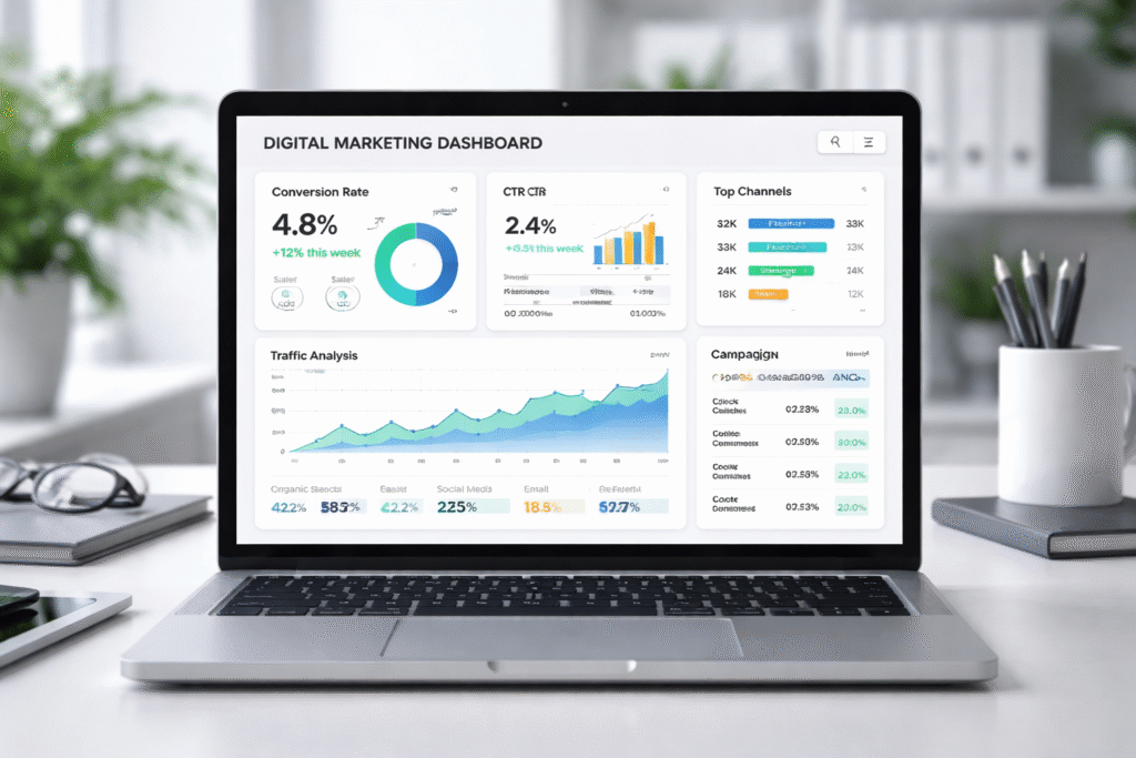 Digital marketing analytics dashboard showing traffic graph, conversion rate and performance metrics.