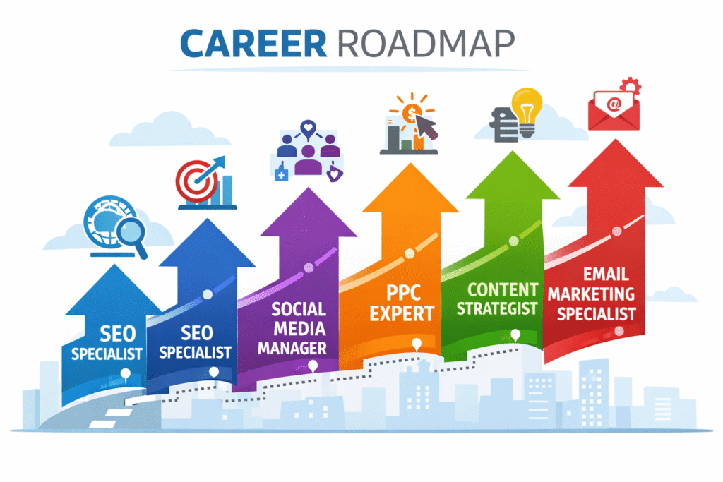 Digital marketing career path infographic showing SEO specialist, social media manager and PPC expert roles.