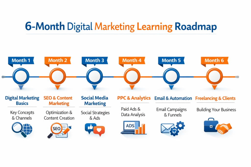 6 month digital marketing roadmap infographic for beginners.