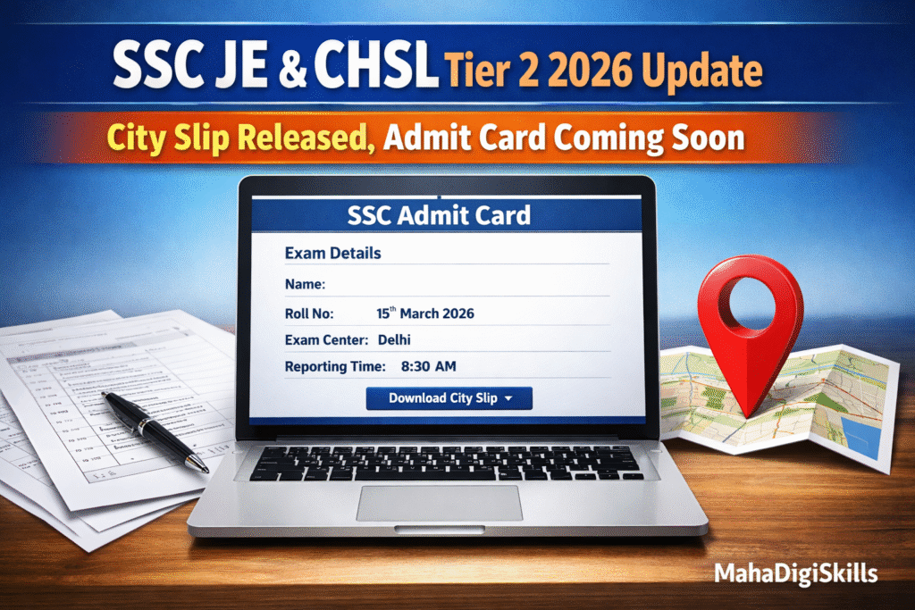 SSC JE and CHSL Tier 2 exam city slip and admit card update 2026 displayed on laptop screen.
