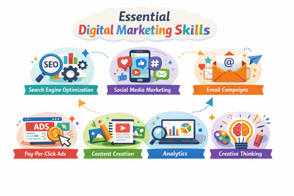 Essential digital marketing skills including SEO, social media marketing, content marketing, and analytics