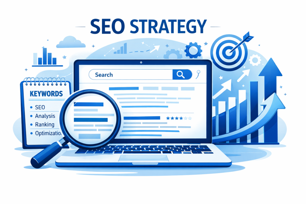 SEO strategy concept showing keyword optimization and search engine ranking improvement