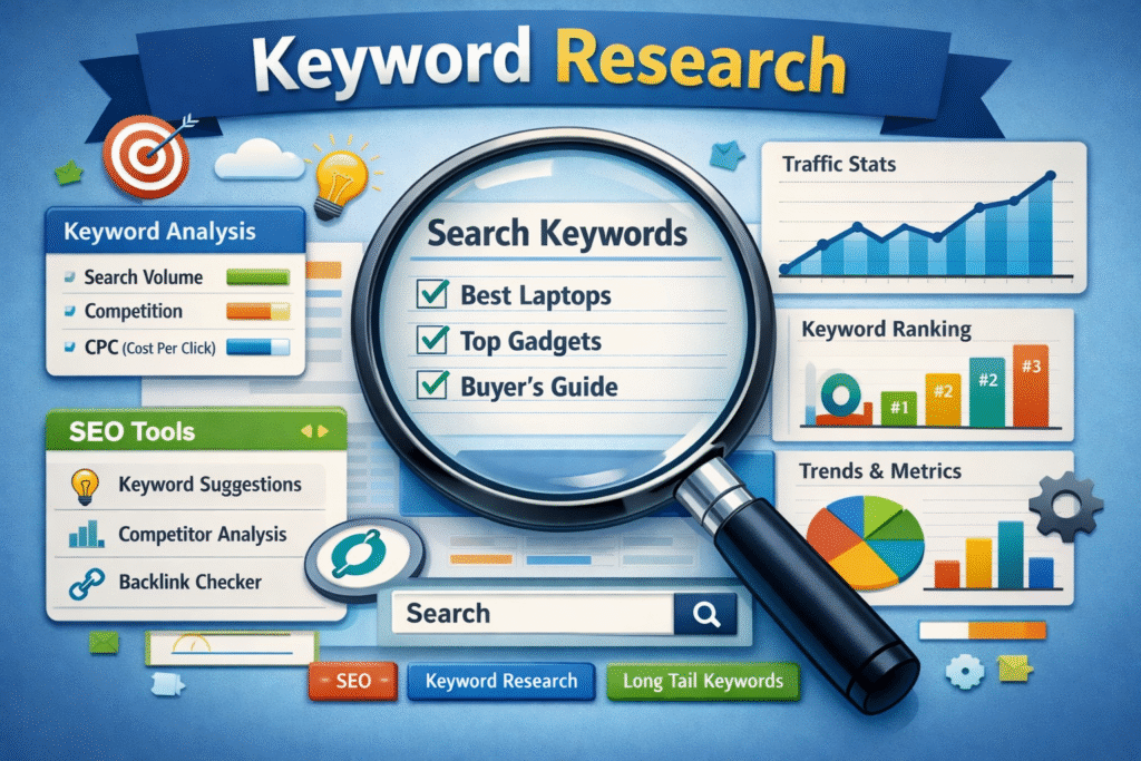 Keyword research process showing search keywords and SEO analytics tools