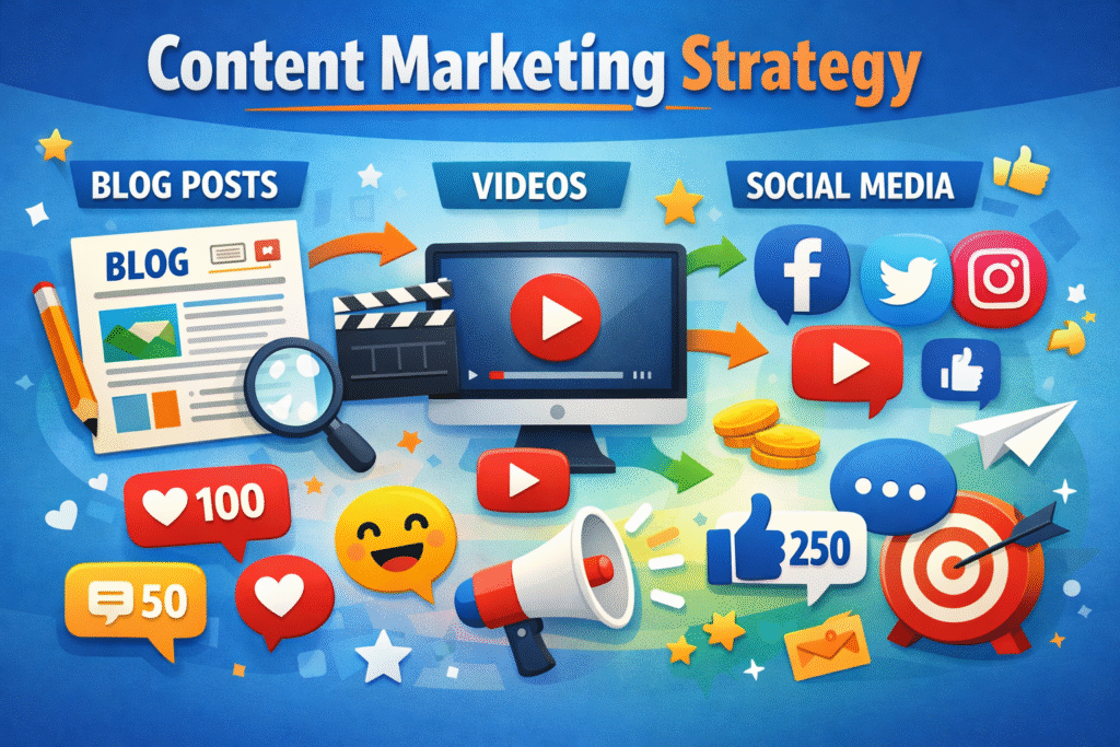 Content marketing strategy showing blog writing, videos, and social media content