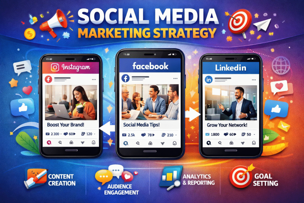 Social media marketing strategy with social platforms and audience engagement