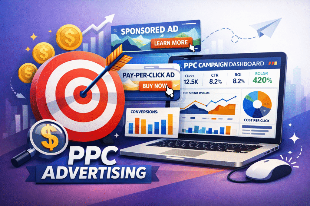 PPC advertising concept showing paid ads campaign and target audience