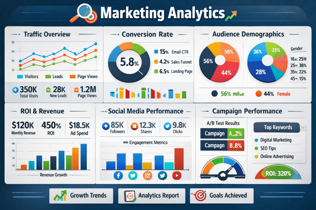 Marketing analytics dashboard showing traffic, conversions, and performance data