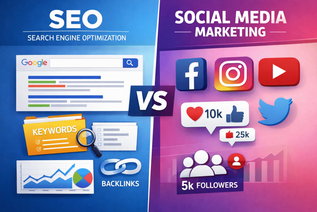 SEO vs Social Media Marketing comparison infographic for beginners