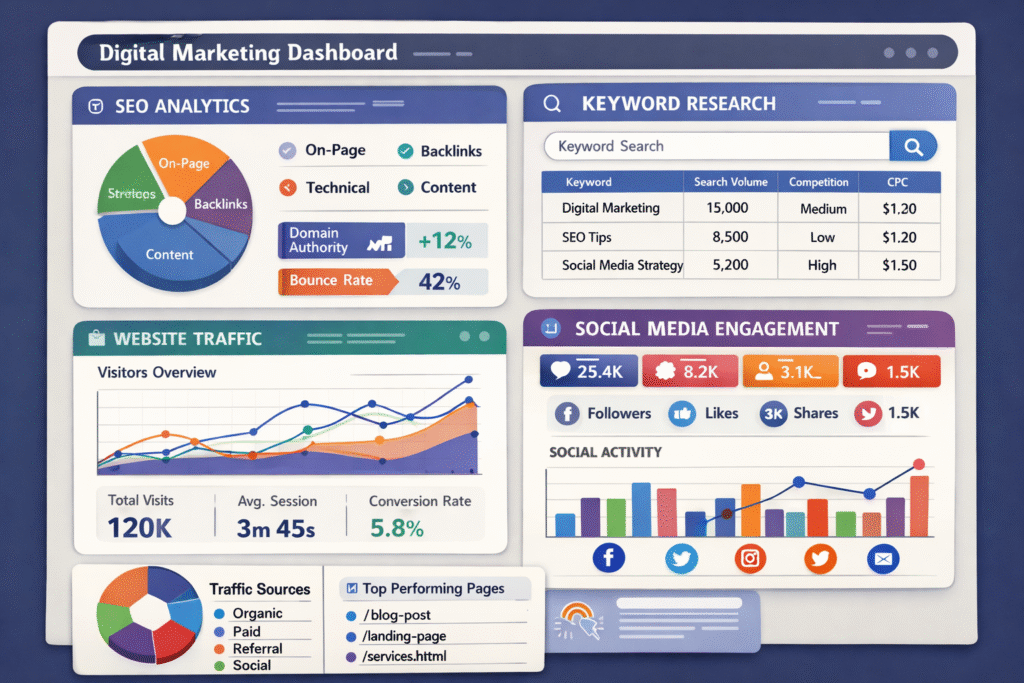 Digital marketing analytics dashboard showing SEO and social media metrics