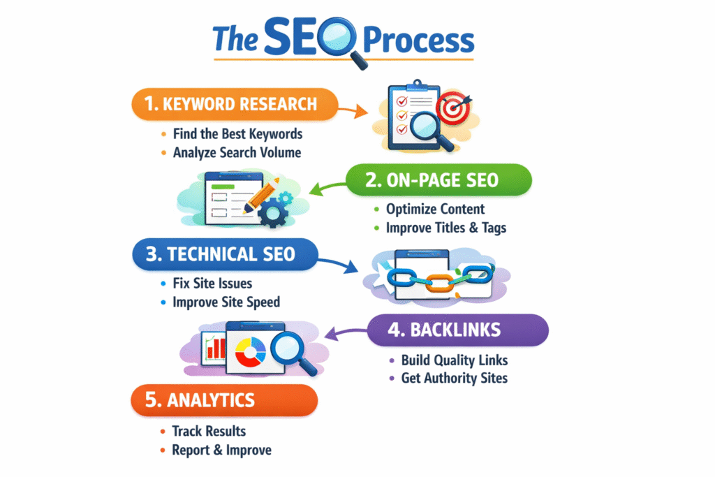 SEO process infographic showing steps of search engine optimization
