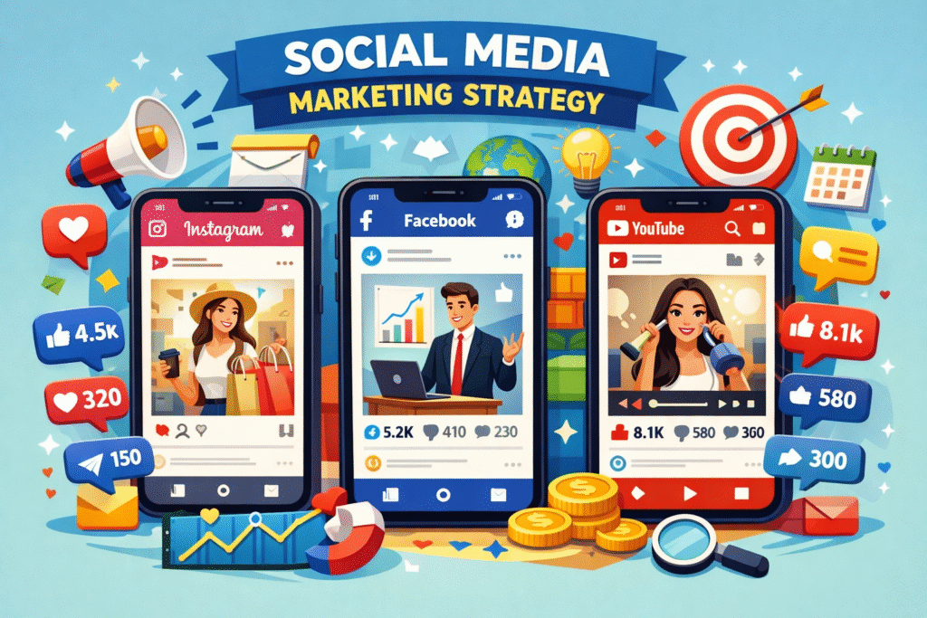 Social media marketing strategy illustration with engagement icons