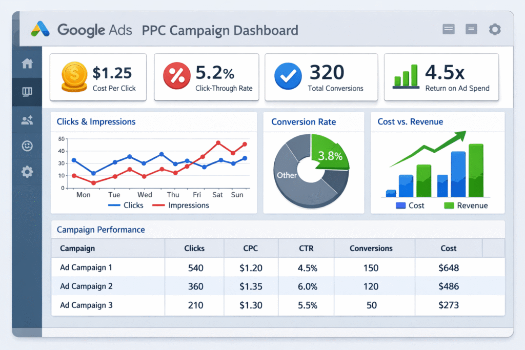 Google Ads dashboard showing PPC campaign performance metrics.