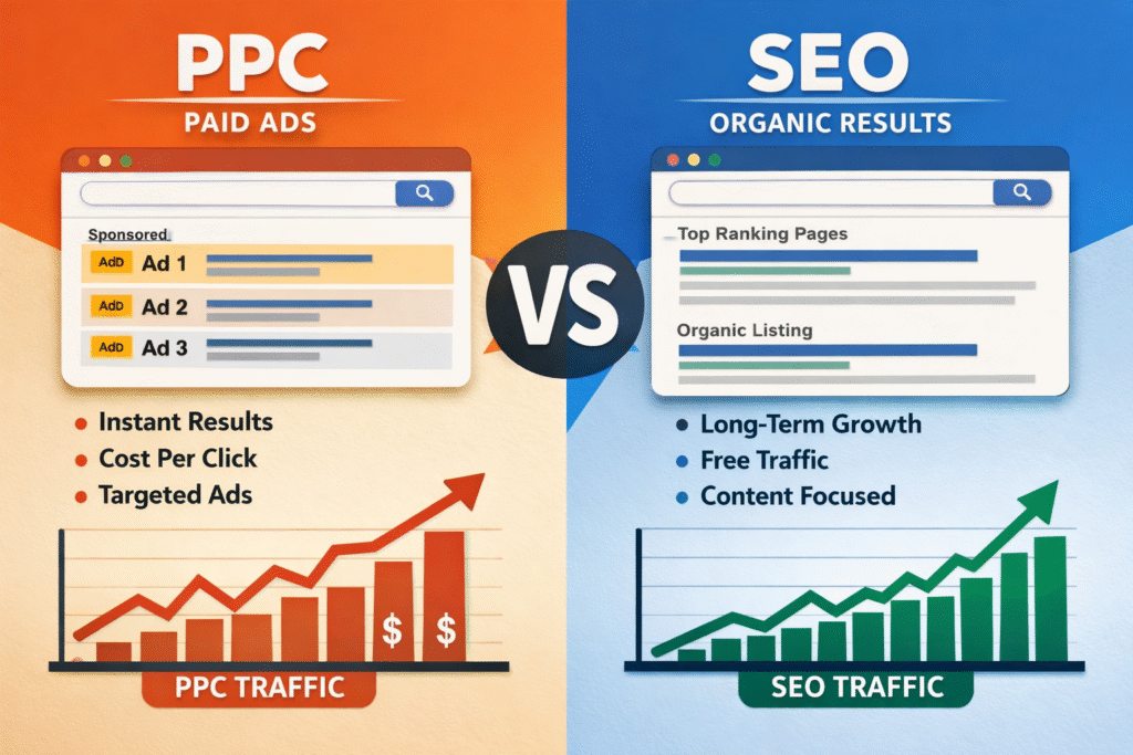 PPC vs SEO comparison infographic in digital marketing strategy.