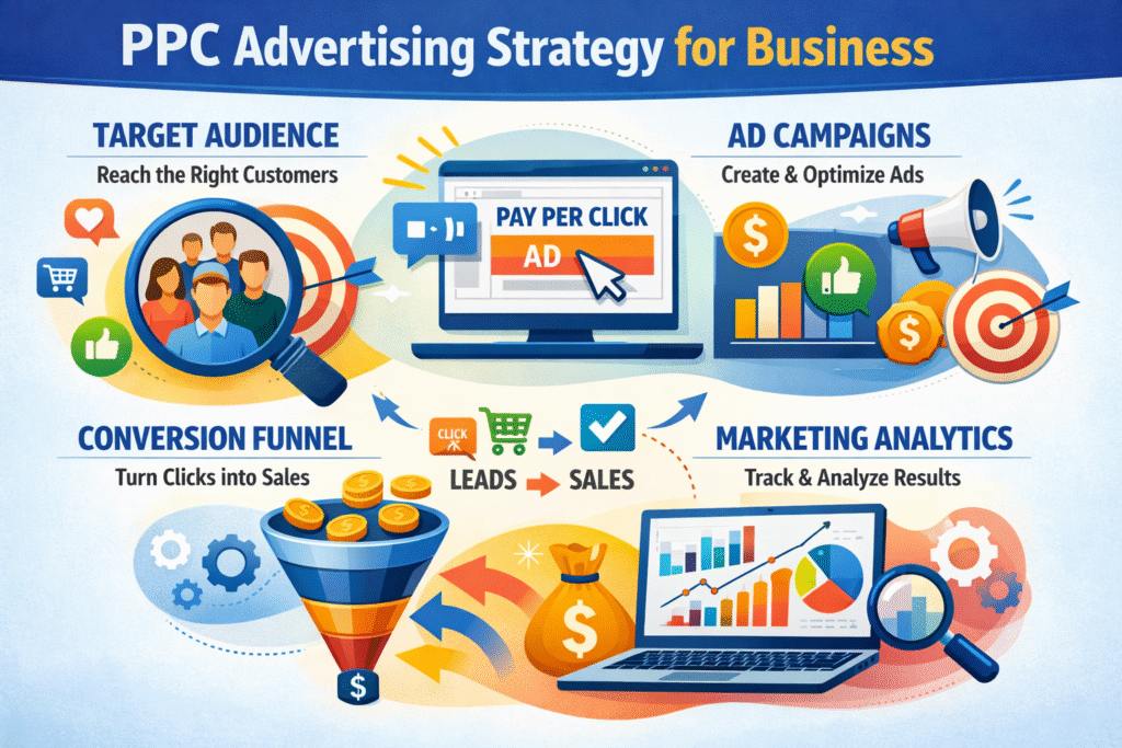 PPC advertising strategy concept with target audience and campaign analytics.