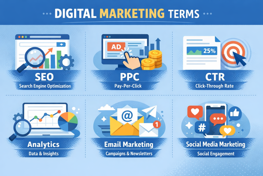 Digital marketing terms infographic showing SEO PPC CTR analytics and email marketing.