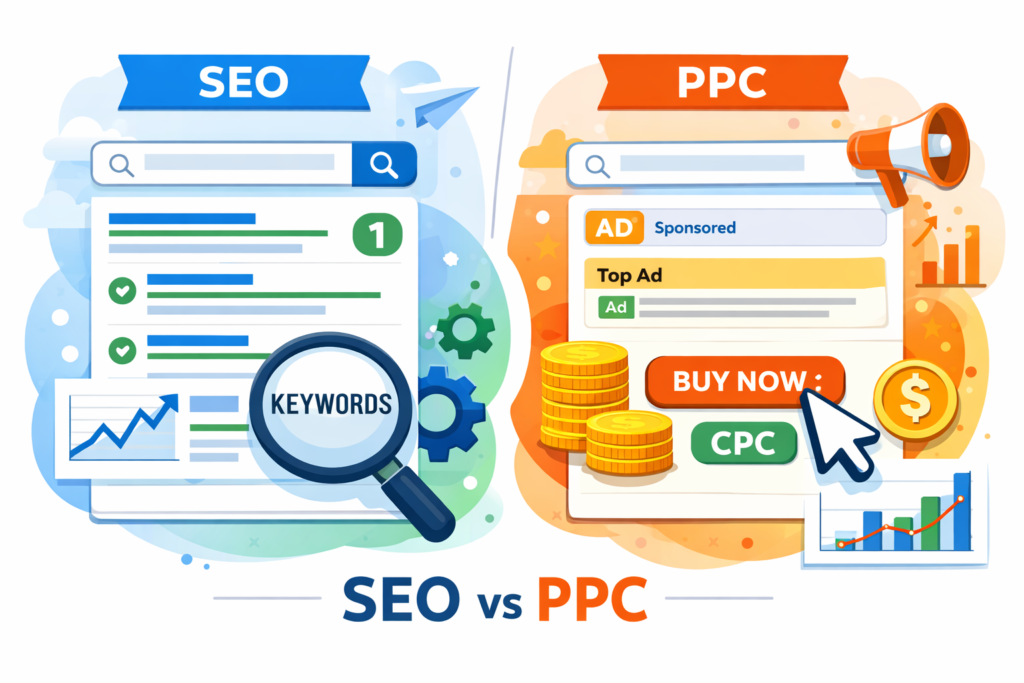 SEO and PPC digital marketing concepts illustration.