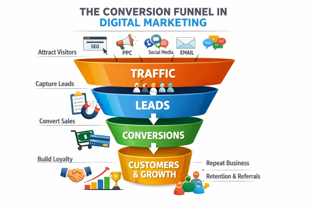 Digital marketing conversion funnel showing traffic leads and conversions.