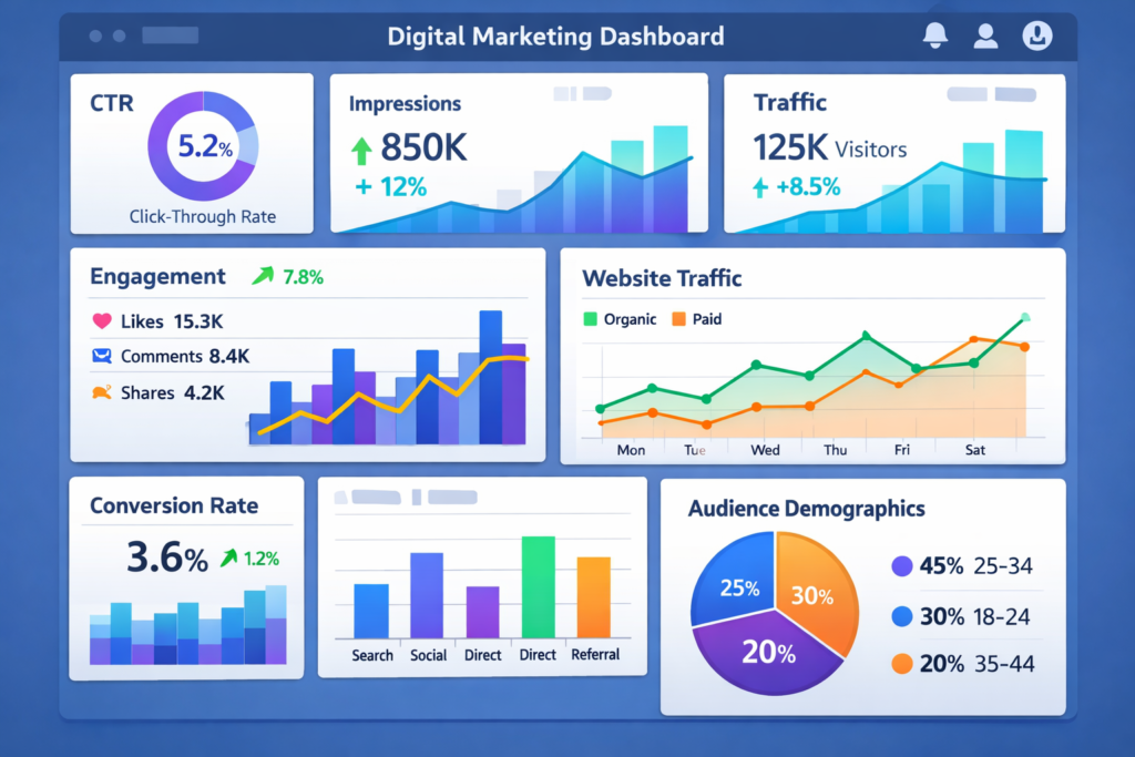 Digital marketing analytics dashboard showing CTR impressions and traffic metrics.