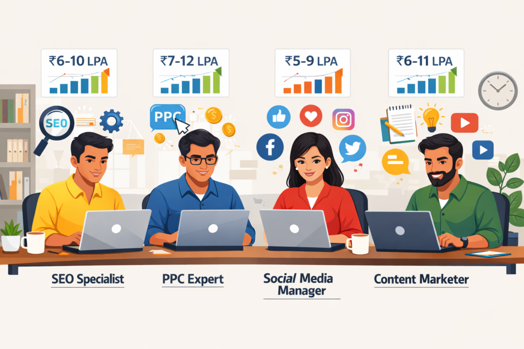 Digital marketing job roles in India including SEO PPC social media and content marketing salary illustration