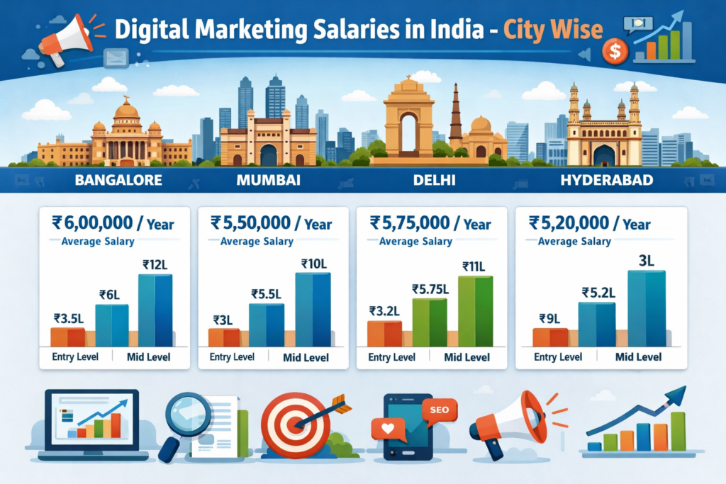 City wise digital marketing salary in India with Bangalore Mumbai Delhi salary comparison chart