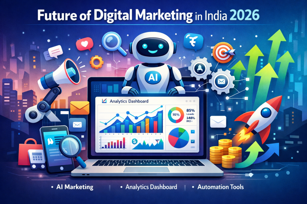 Future of digital marketing salary in India with AI analytics and growth illustration