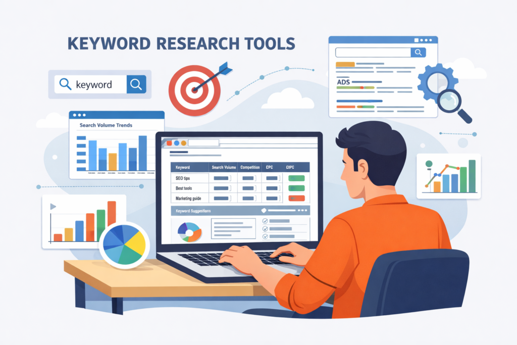 Free keyword research tools for digital marketing beginners with SEO dashboard and keyword analysis