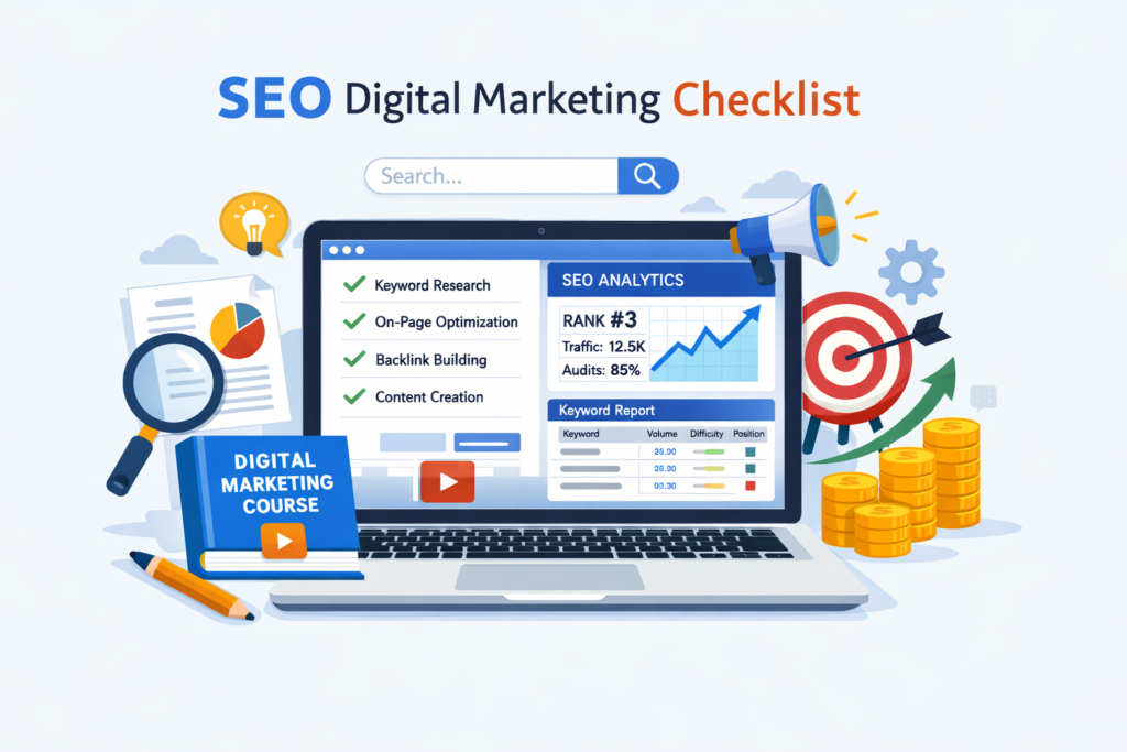SEO module in digital marketing course checklist with keyword research and ranking dashboard