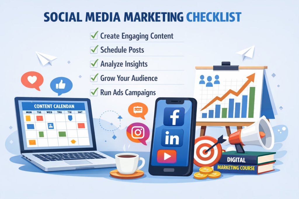 Social media marketing module in digital marketing course checklist with social media icons