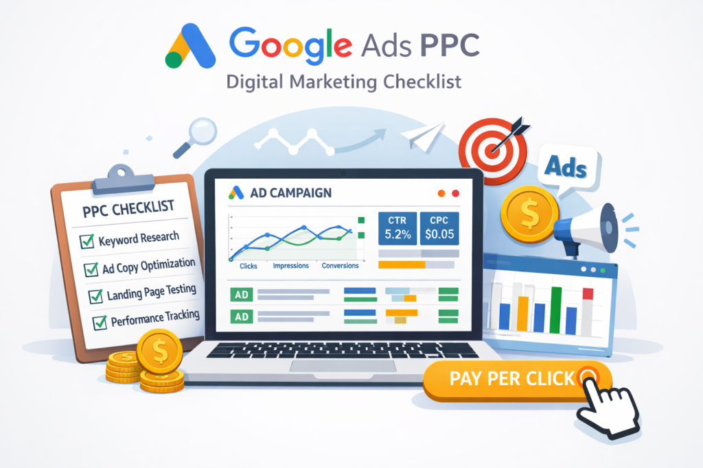 Google Ads PPC module in digital marketing course checklist with advertising dashboard
