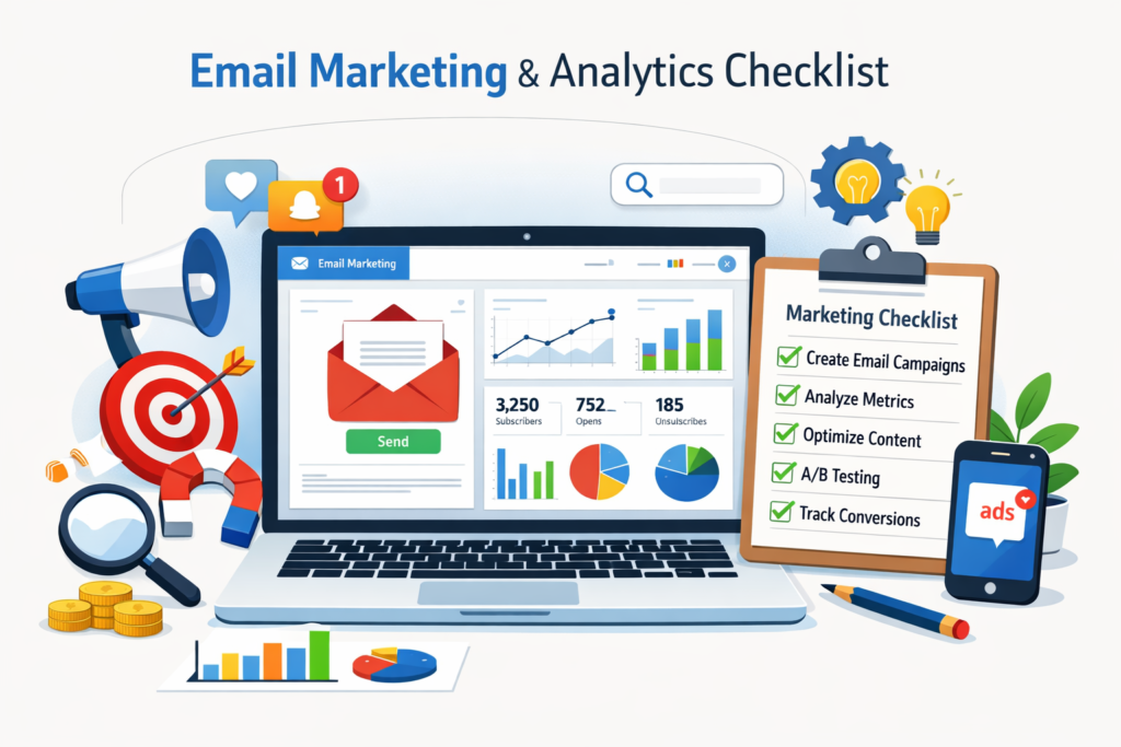 Email marketing and analytics in digital marketing course checklist with campaign dashboard