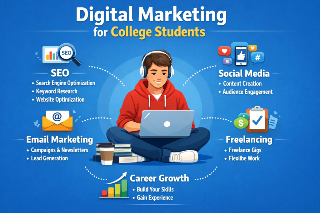Digital marketing for college students infographic showing benefits and career opportunities