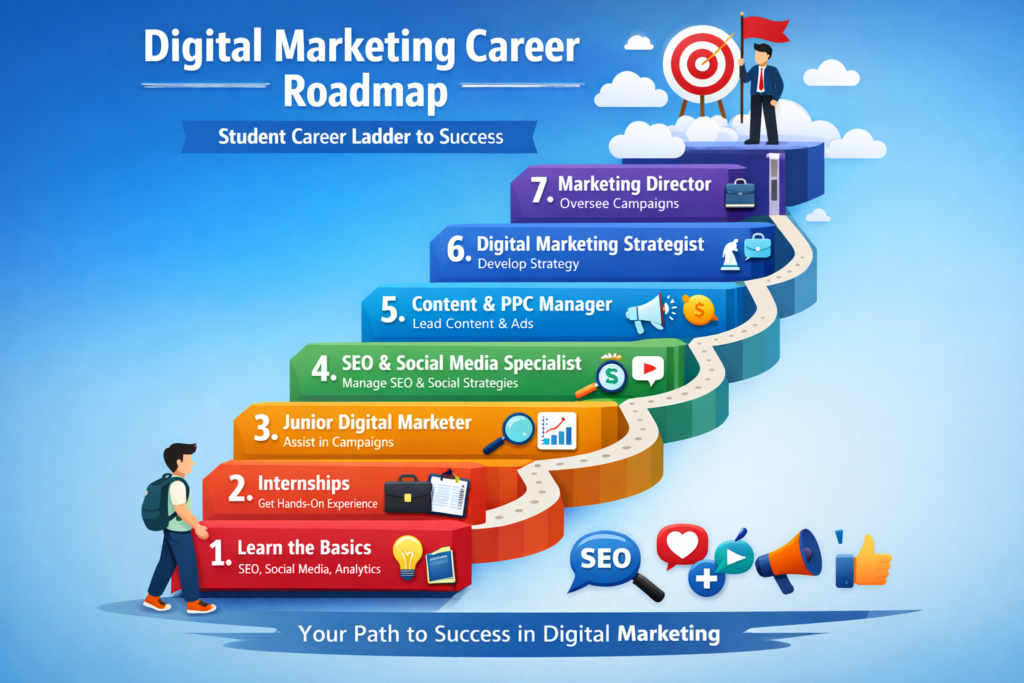 Digital marketing career roadmap infographic for college students