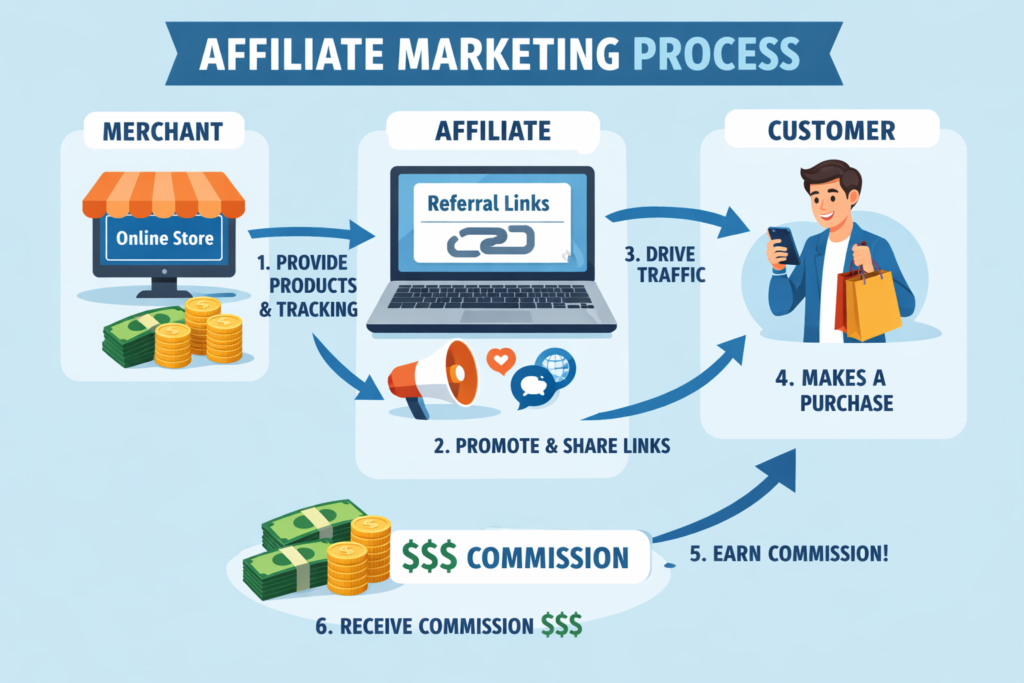 How affiliate marketing works for beginners with merchant affiliate and customer process
