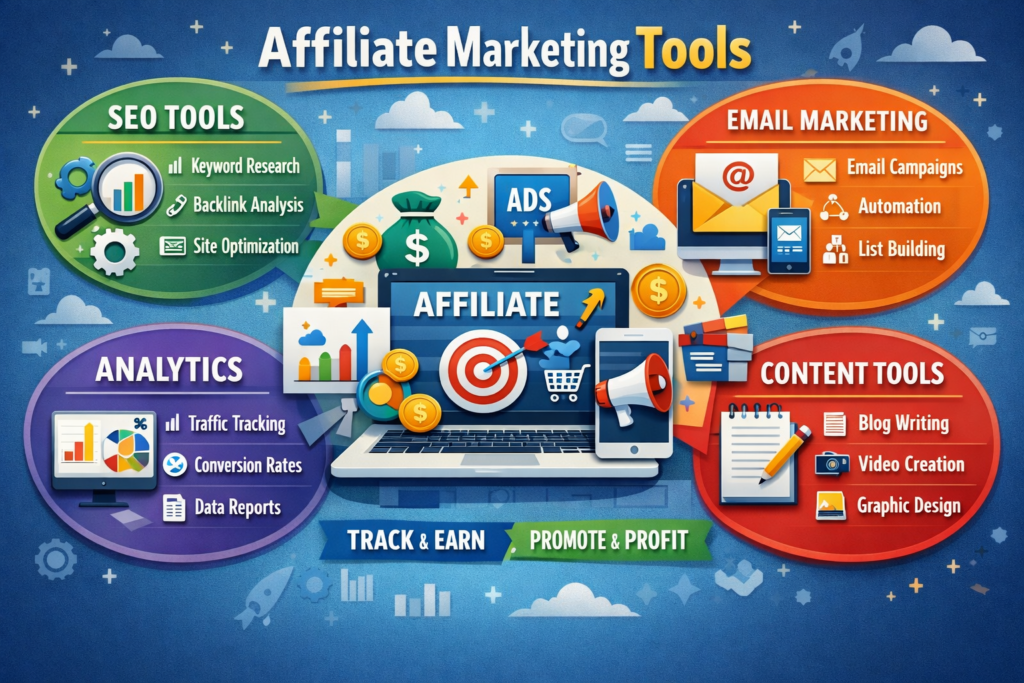 Affiliate marketing tools for beginners including SEO and email marketing tools