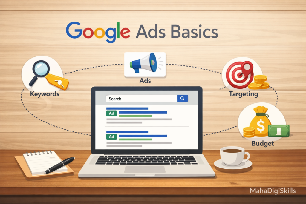 Google Ads basics banner with keywords, targeting, ads, and budget icons