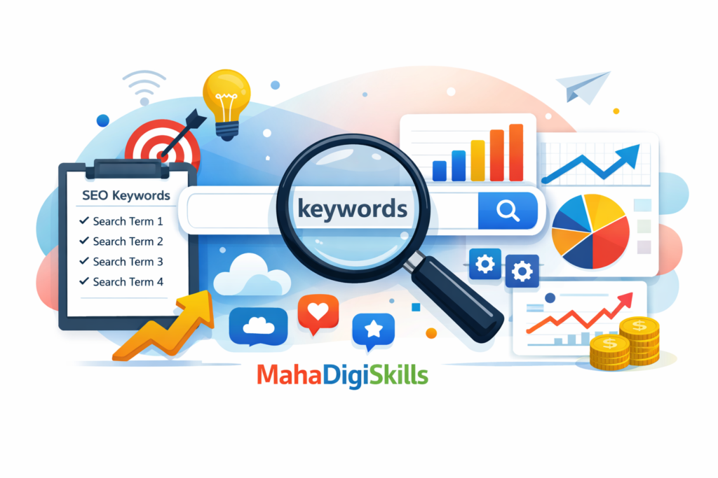 Google Ads keyword research concept with search bar and analytics