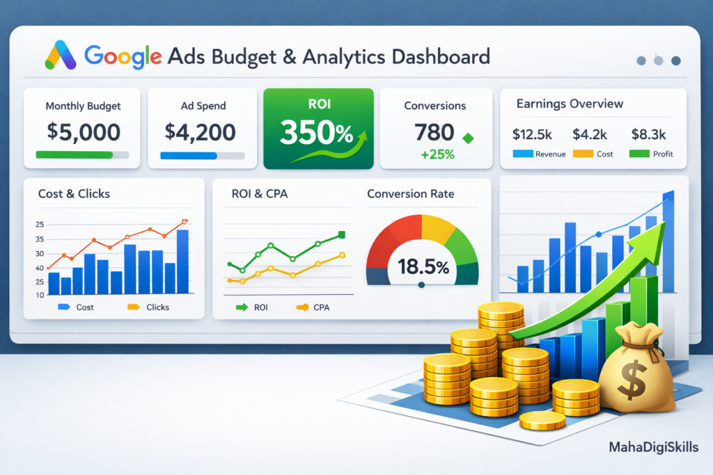 Google Ads budget and performance analytics with ROI charts