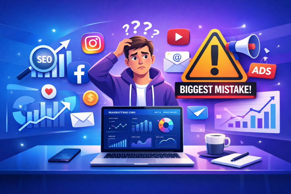 biggest mistake when starting digital marketing beginner confused with marketing tools illustration