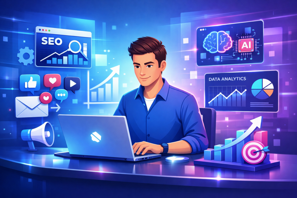 Digital marketing skills illustration showing coding, communication, business strategy, skills development, and data analysis for marketers