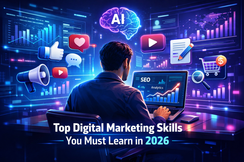 Digital marketing skills illustration showing coding, communication, business strategy, skills development, and data analysis for marketers