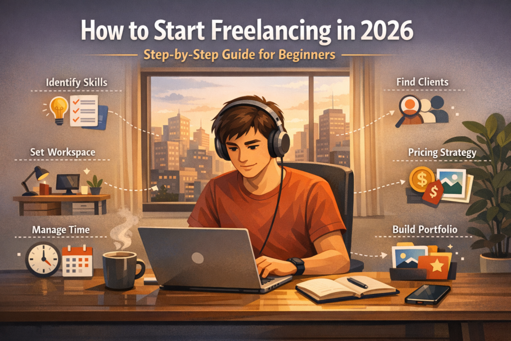 Infographic showing how to start freelancing in 2026 including steps like identifying skills, building a portfolio, finding clients, and managing freelance work.