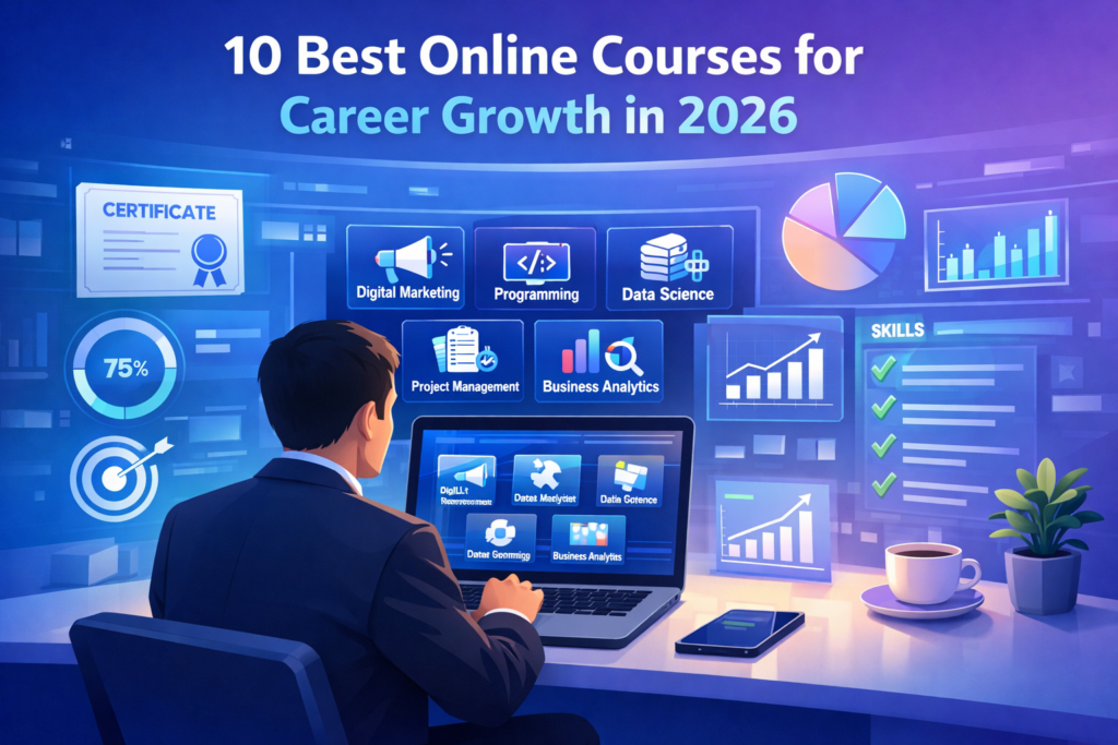 Best online courses for career growth dashboard showing project management, data science and digital marketing certifications.