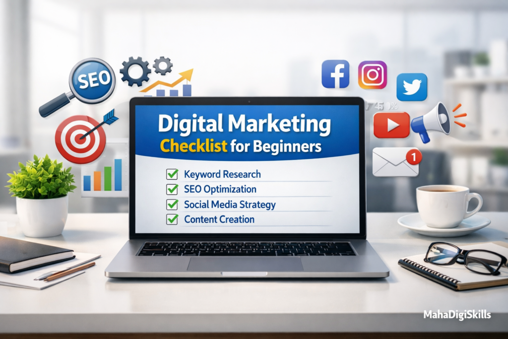 Free Digital Marketing Checklist displayed on laptop screen with SEO, social media and marketing icons