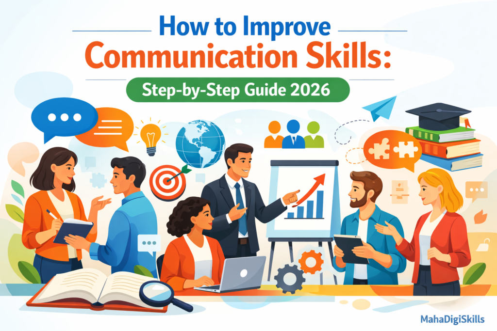 Communication skills infographic showing steps to improve speaking, listening, and workplace communication